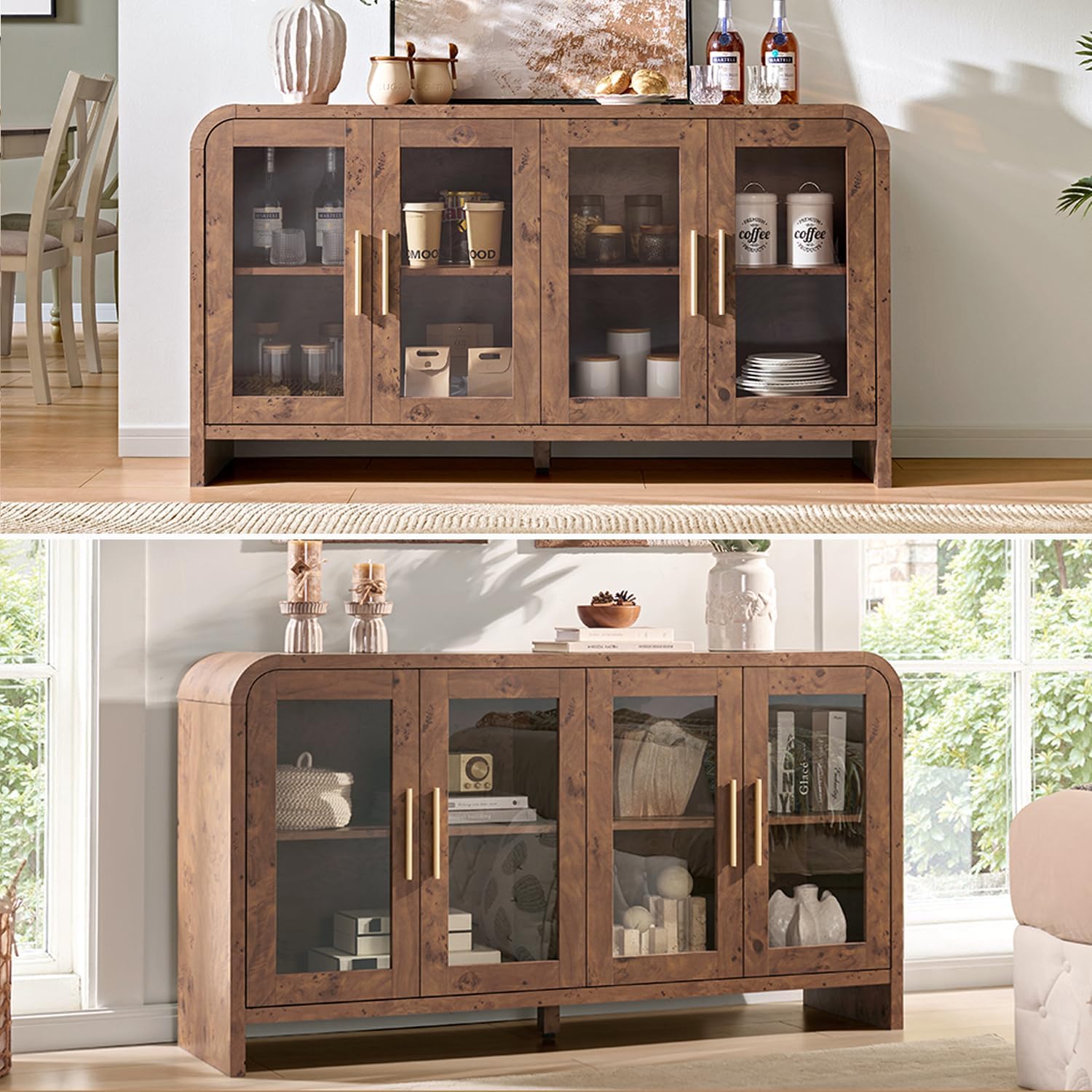 59" Sideboard Buffet Cabinet with Storage, Sideboard Cabinet with Adjustable Shelves & 4 Glass Doors,Coffee Bar Console Table for Kitchen, Living Room, Entryway (Dark Burl)