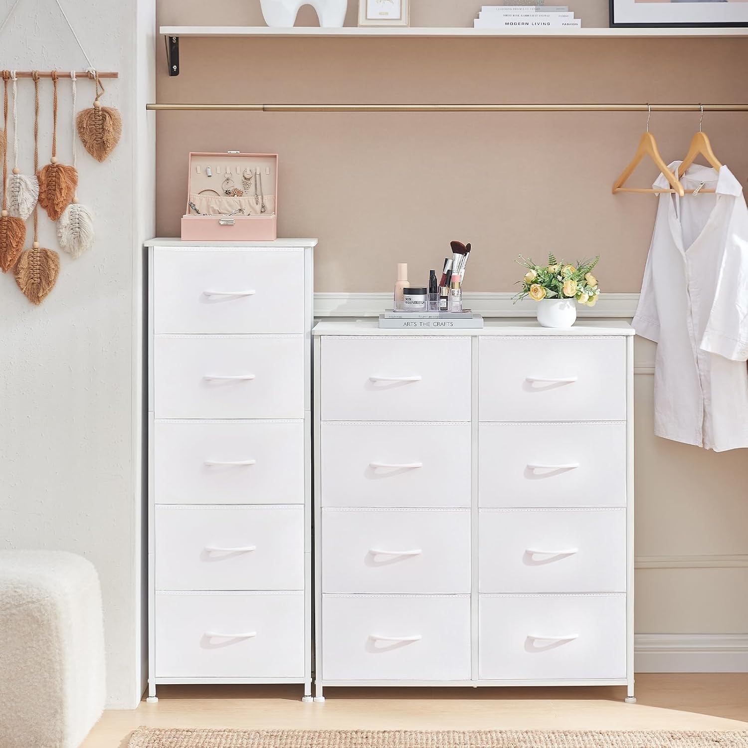 Somdot Tall Dresser for Bedroom, 5 Drawer Storage Cabinet, White | Fabric Dresser with Removable Bins, Steel Frame, Wood Top Home Furniture, Closet Organizer, Nursery, Dorm, Entryway Storage