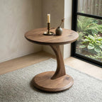 Solid Walnut Finish Sculptural Side Table | Mid-Century Modern Round Pedestal Accent Furniture