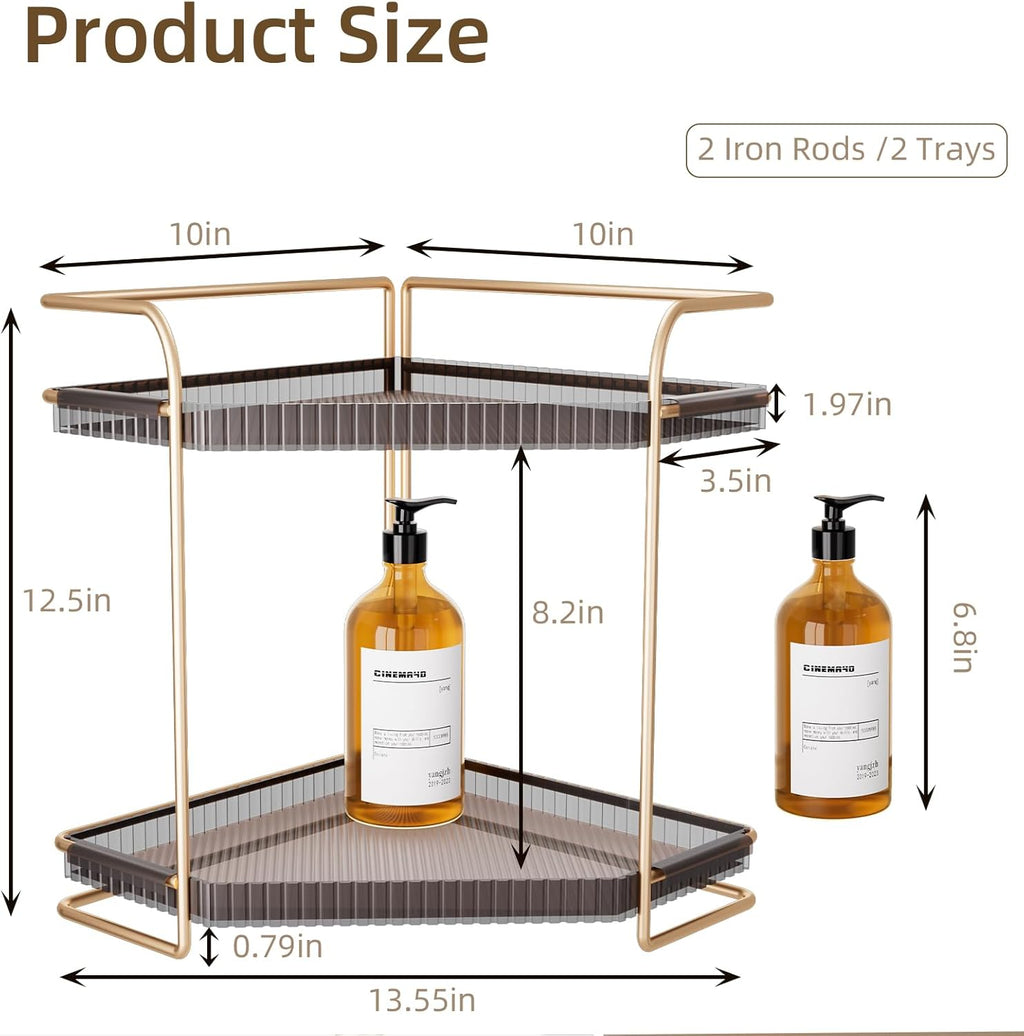 LEEDA 2-Tier Corner Bathroom Counter Organizer, Countertop Makeup & Skincare Organizer Shelf, Two Tiered Vanity Storage Tray for Bathroom Sink, Kitchen Corner Spice Rack, Gold