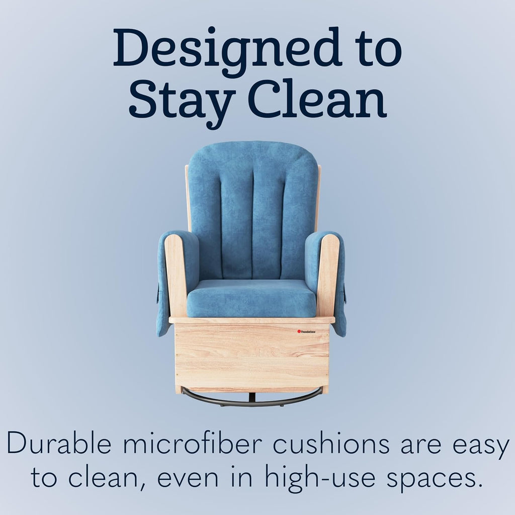 Foundations SafeRocker Glider Rocker with Steel Swivel - Baby Feeding and Rocking Chair for Nursery, Daycare Environment - Nursery Rocking Chairs with Wood Skirt Base - Blue Microfiber