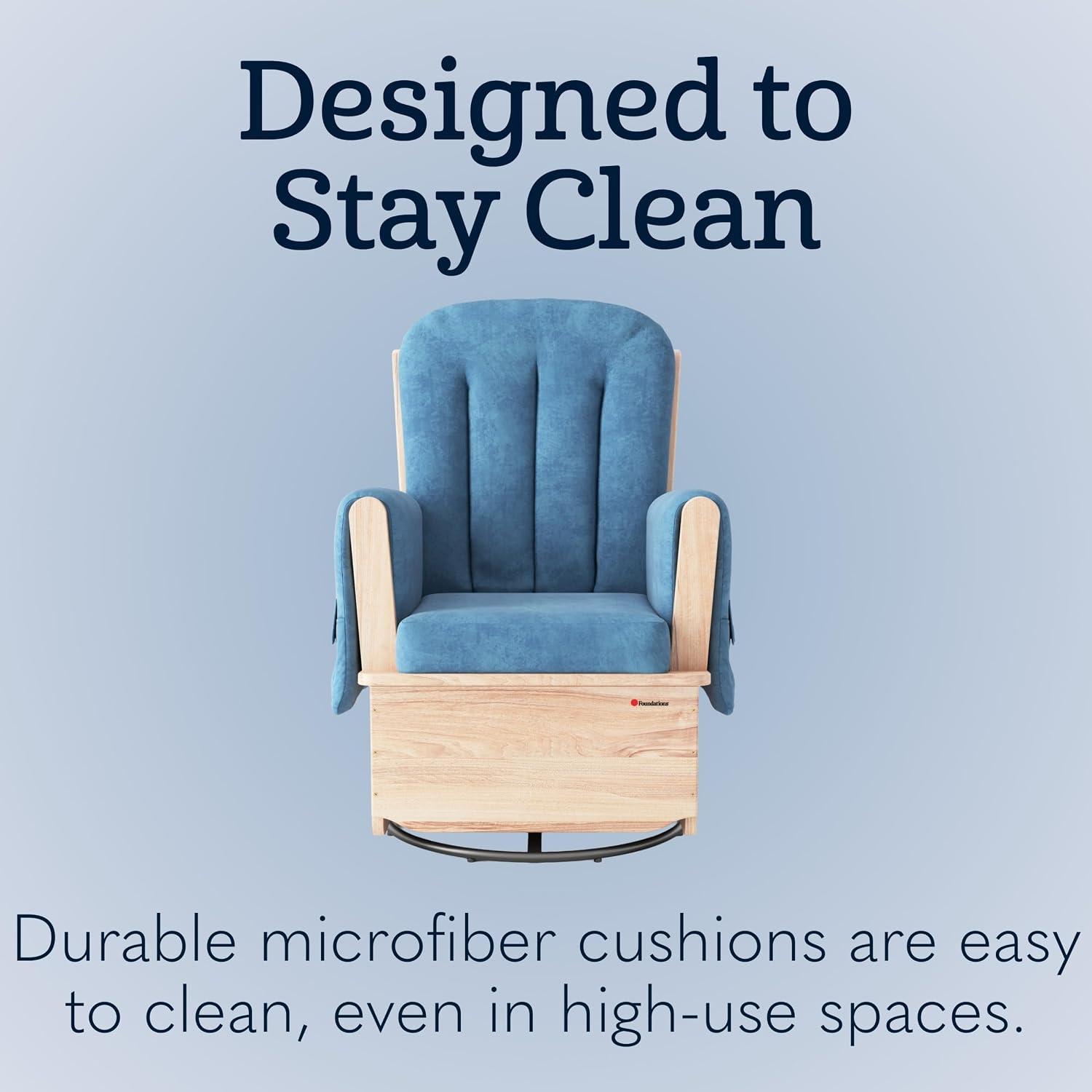 Foundations SafeRocker Glider Rocker with Steel Swivel - Baby Feeding and Rocking Chair for Nursery, Daycare Environment - Nursery Rocking Chairs with Wood Skirt Base - Blue Microfiber
