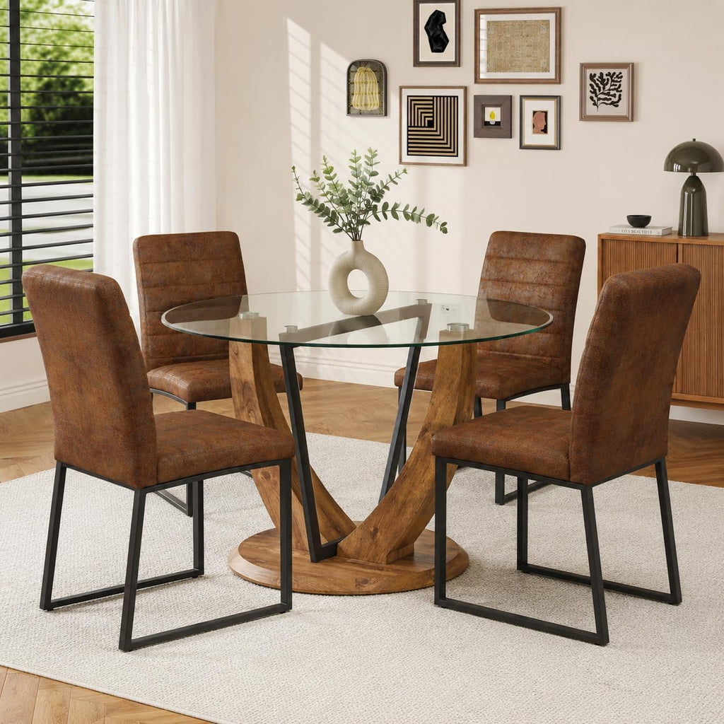 5-Piece Round Glass Dining Table Set for 4, 48” Modern Dining Room Table with Wood Grain Base, Brown Suede Upholstered Chairs with Black Metal Legs for Kitchen, Apartment, Breakfast Nook
