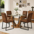 5-Piece Round Glass Dining Table Set for 4, 48” Modern Dining Room Table with Wood Grain Base, Brown Suede Upholstered Chairs with Black Metal Legs for Kitchen, Apartment, Breakfast Nook