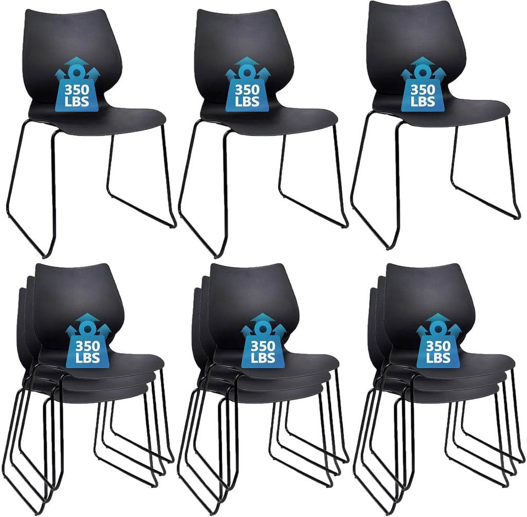 KLASIKA Stackable Waiting Room Chair, Stacking Office Chair with Ergonomic Lumbar Support and Metal Legs, Plastic Desk Chairs for Conference School Church Guest Reception Set of 12, Black