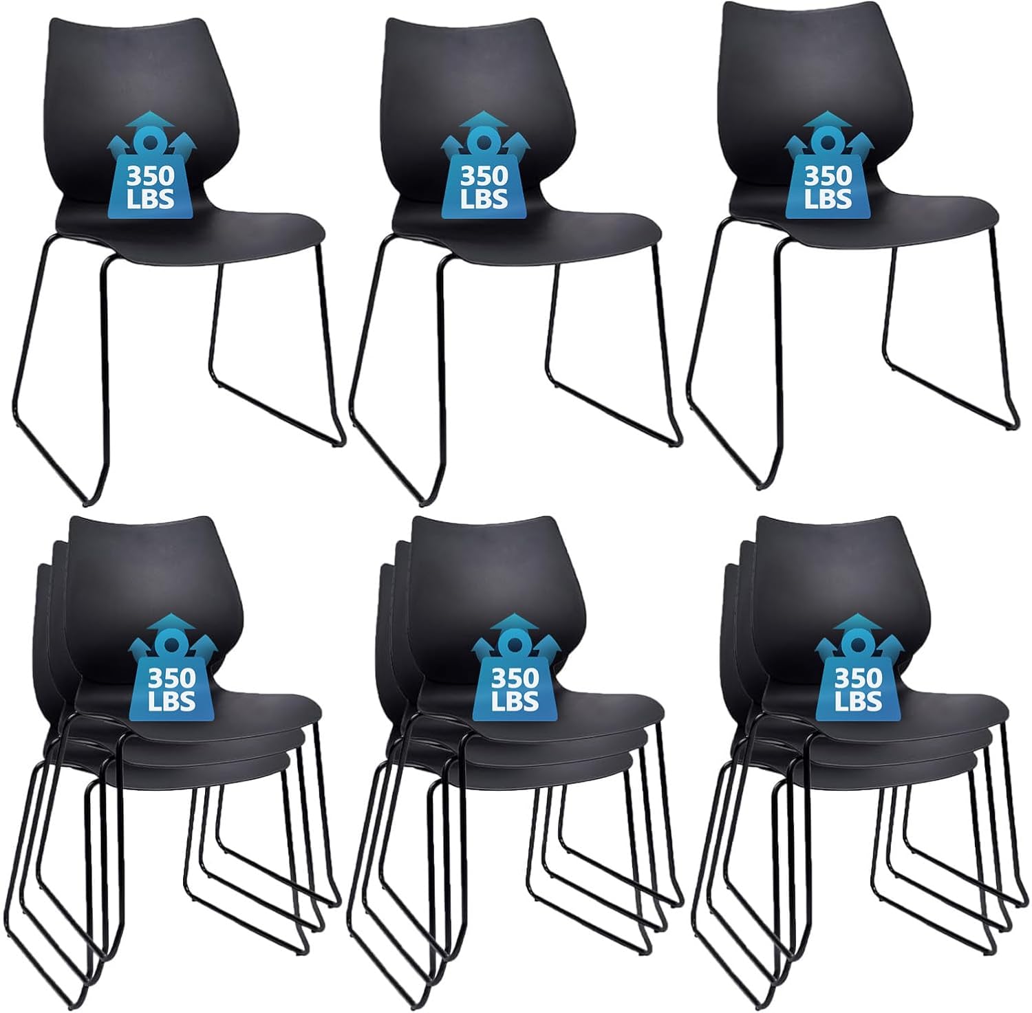 KLASIKA Stackable Waiting Room Chair, Stacking Office Chair with Ergonomic Lumbar Support and Metal Legs, Plastic Desk Chairs for Conference School Church Guest Reception Set of 12, Black