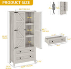 DWVO 64.5" H Kitchen Pantry Cabinet, Storage Cabinet with Barn Doors, 2 Drawers and Adjustable Shelves, Farmhouse Cupboard for Dining Room, Living Room, Bathroom, Off White