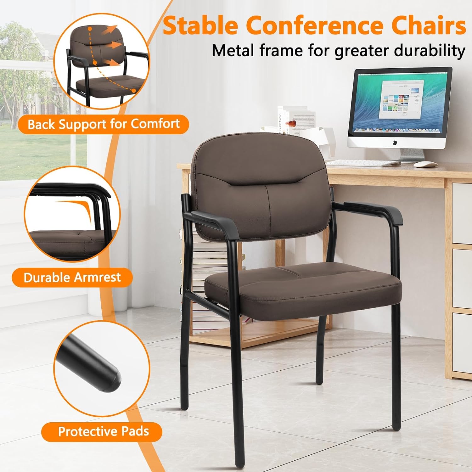 CLATINA Leathert Reception Chair No Wheels, Office Guest Chair with Padded Armrests and Lumber Support, Ergonomic Arm Chair for Meeting Waiting Conference Lobby Room Shool Study, Brown, 4PK