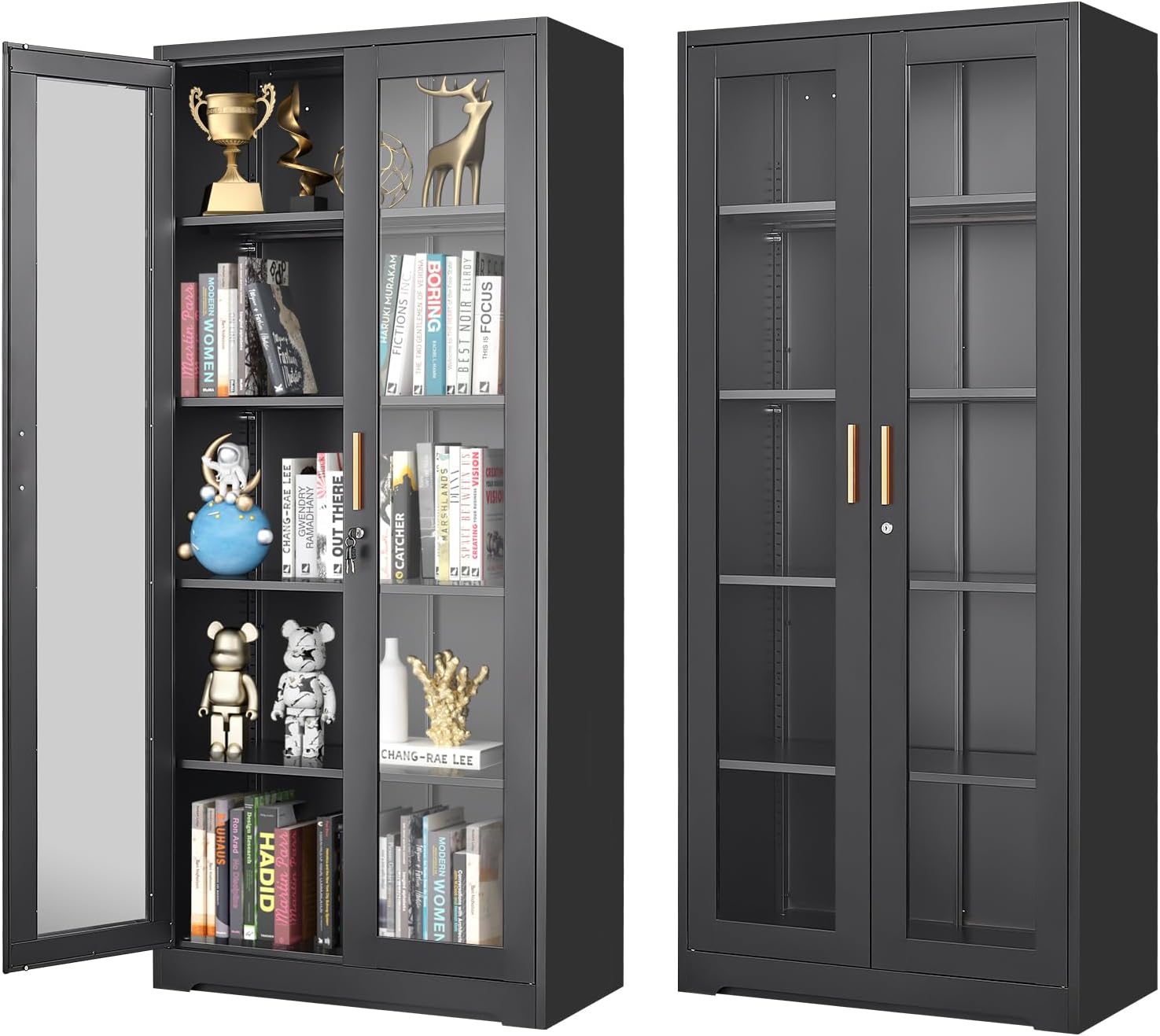 Glass Display Cabinet, 71" Tall Metal Curio Cabinet with Glass Doors, Black Display Case, Storage Cabinets with 4 Adjustable Shelves, Locking Storage Cases for Hallway, Kitchen, Living Room