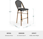 Martha Stewart Lily Pond Indoor-Outdoor Stackable Bar Stools with Natural Woodgrain Aluminum Frame Finish, Black/White Woven Rattan Backrests and Seats, Set of 2