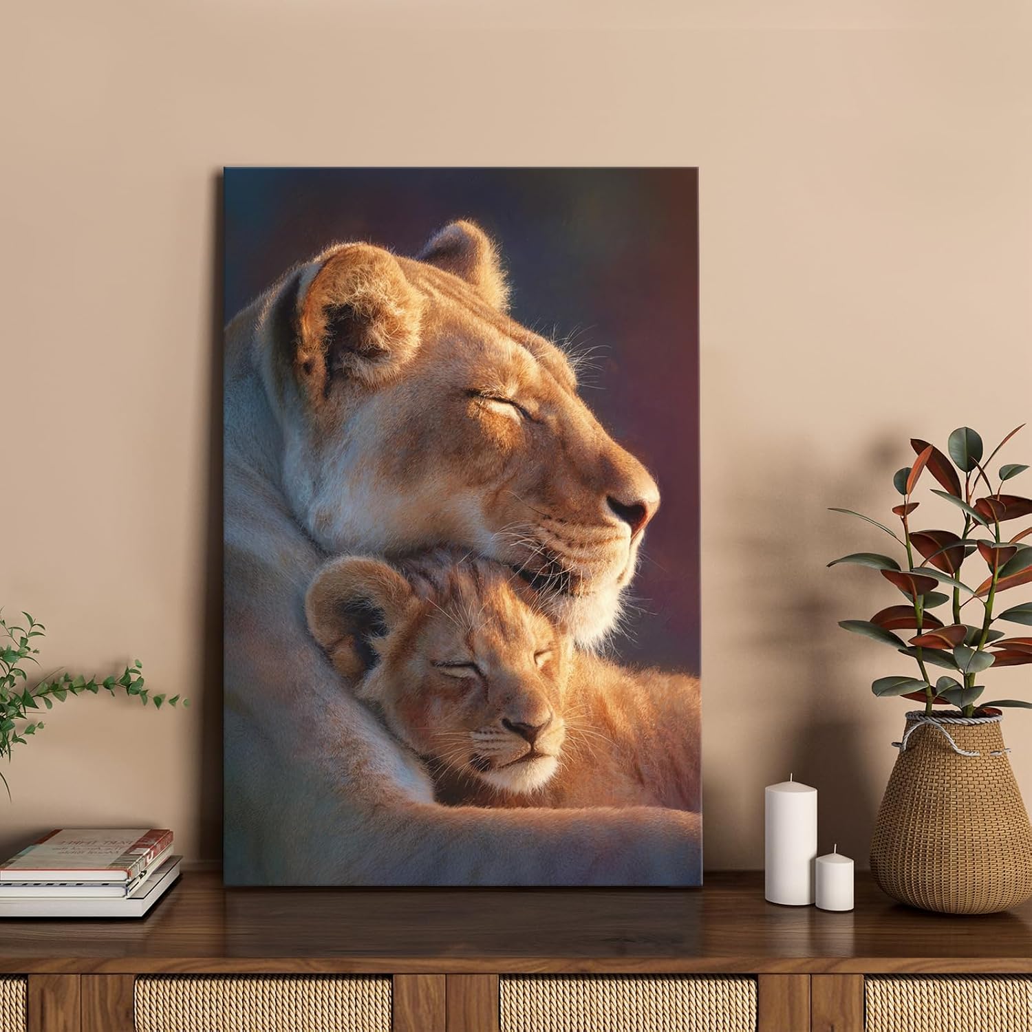 Framed Lion Wall Art African Wild Lioness and Cub Canvas Prints Sunset Safari Wildlife Animal Picture Painting Modern Artwork for Living Room Bedroom Office Home Decor 16" x 24", Mother's Day