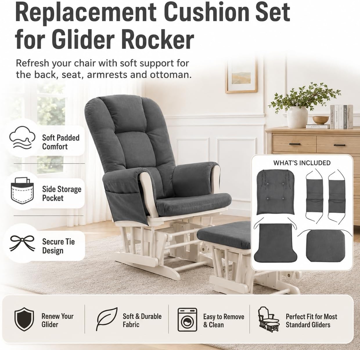 Glider Rocker Replacement Cushions, 5 Piece Rocking Chair Cushion Set with Ottoman Cushion, Soft Padded Nursery Glider Chair Pads with Side Storage Pocket,Pink