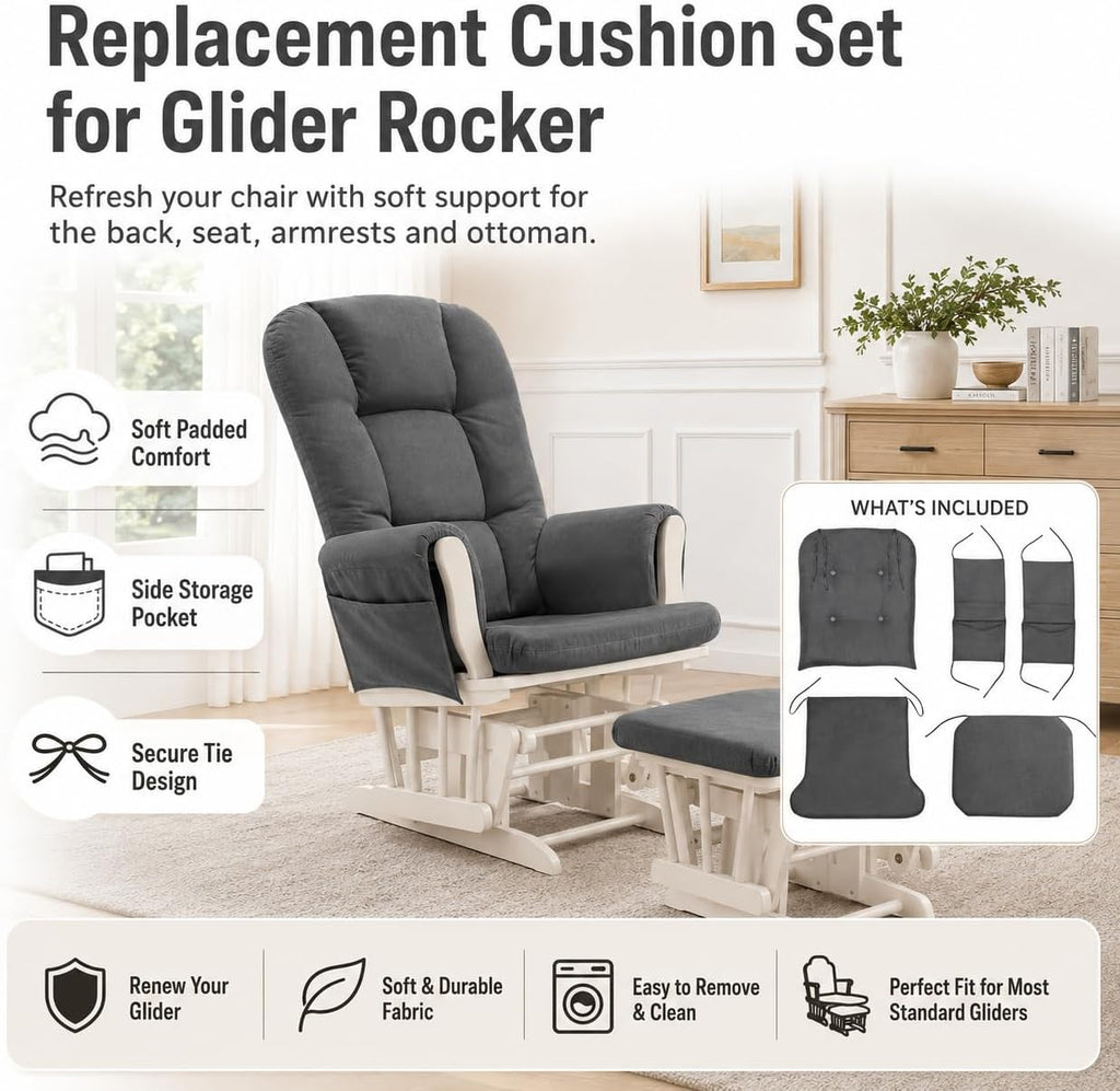 5 Piece Glider Rocker Replacement Cushion Set with Ottoman, Soft Padded Nursery Glider Chair Cushions with Armrest Pads and Side Pocket, Tie-On Rocking Chair Cushions,Pink
