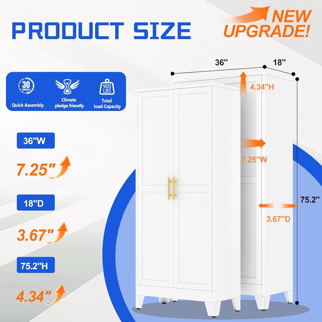 GAIOUS 75.2" Tall Metal Storage Cabinet with 2 Doors and 5 Adjustable Shelves, New upgrade Kitchen Pantry Cabinet, White Freestanding Cupboard, 6 Tier Steel Storage for Office, Kitchen, Dining, Garage