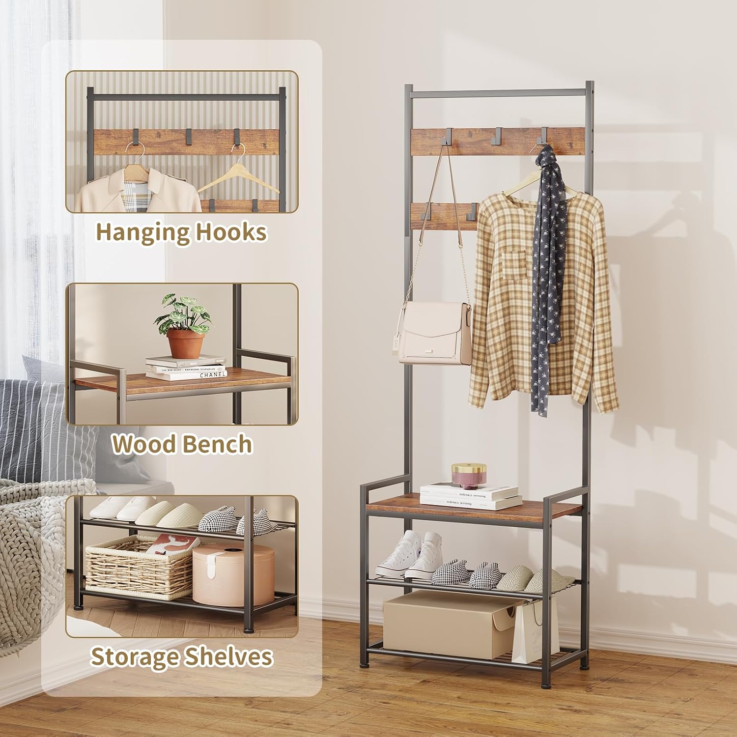 Coat Rack Hall Tree with Shoe Storage, Entryway Hall Tree Storage Bench, Wood Look Accent Furniture with Metal Frame, 3-in-1 Design, Rustic Brown | 7 Movable Hooks, 330lb Weight Capacity, Anti-Tip Design, Adjustable Feet, Fits Small Spaces