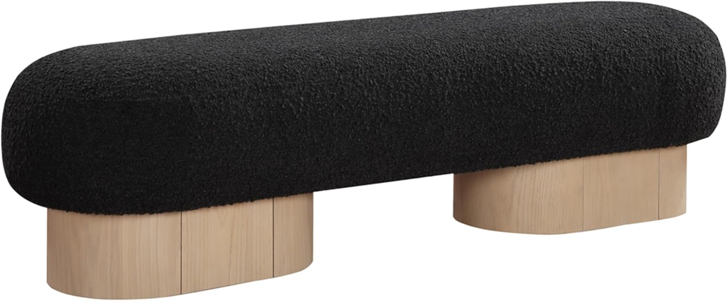 Meridian Furniture 22001Black Robertson Collection Art Deco Bench with Luxurious Black Boucle Fabric and Rich Natural Oak Finish, 60.5" W x 18" D x 16" H, Black