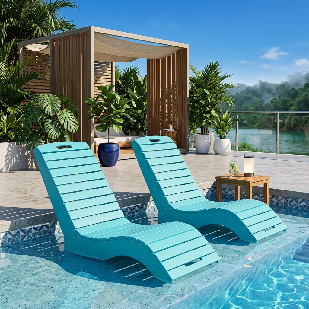 MELLCOM HDPE Pool Lounge Chairs Set of 2, in Pool Lounge Chairs up to 10-Inches of Water, Chaise Lounge Chairs with Wheels, S Shape Patio Lounge Chairs for Pool, Deck, Garden, Beach, Blue