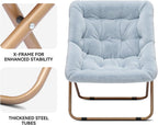 Magshion Oversized Folding Chair for Adults, Reading Chair with Ottoman, Faux Fur Fluffy Circle Accent Seat Comfy Living Room Lounge Chair for Bedroom Corner, Dorm, Apartment (Blue)