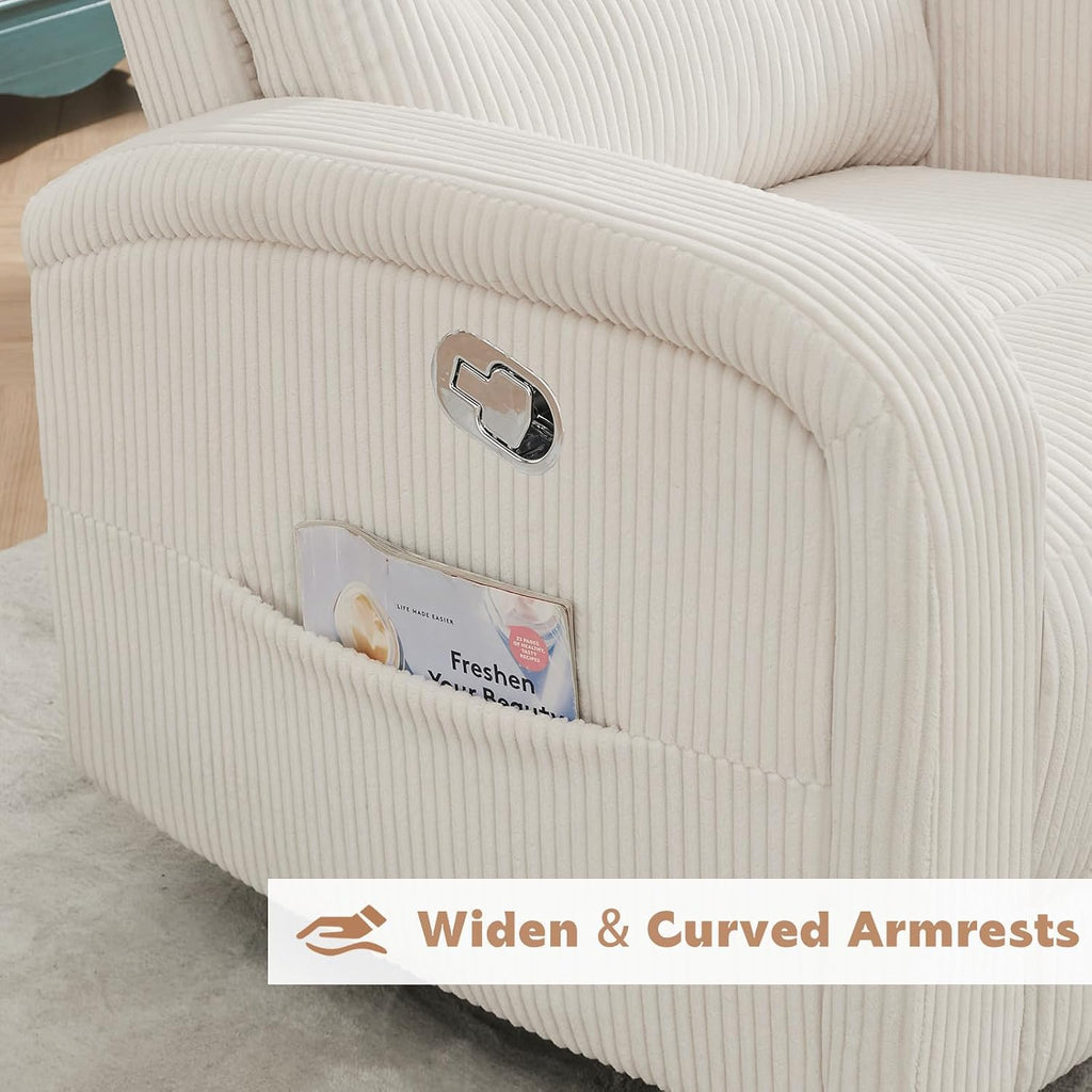 Swivel Nursery Rocker Recliner for Nursery, 360° Swivel Glider Recliner, Manual Rocking Recliner Chairs with Pockets and Large Arms for Living Room, White Corduroy