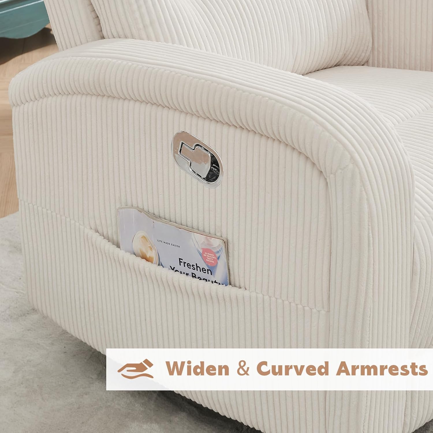 Swivel Nursery Rocker Recliner for Nursery, 360° Swivel Glider Recliner, Manual Rocking Recliner Chairs with Pockets and Large Arms for Living Room, White Corduroy
