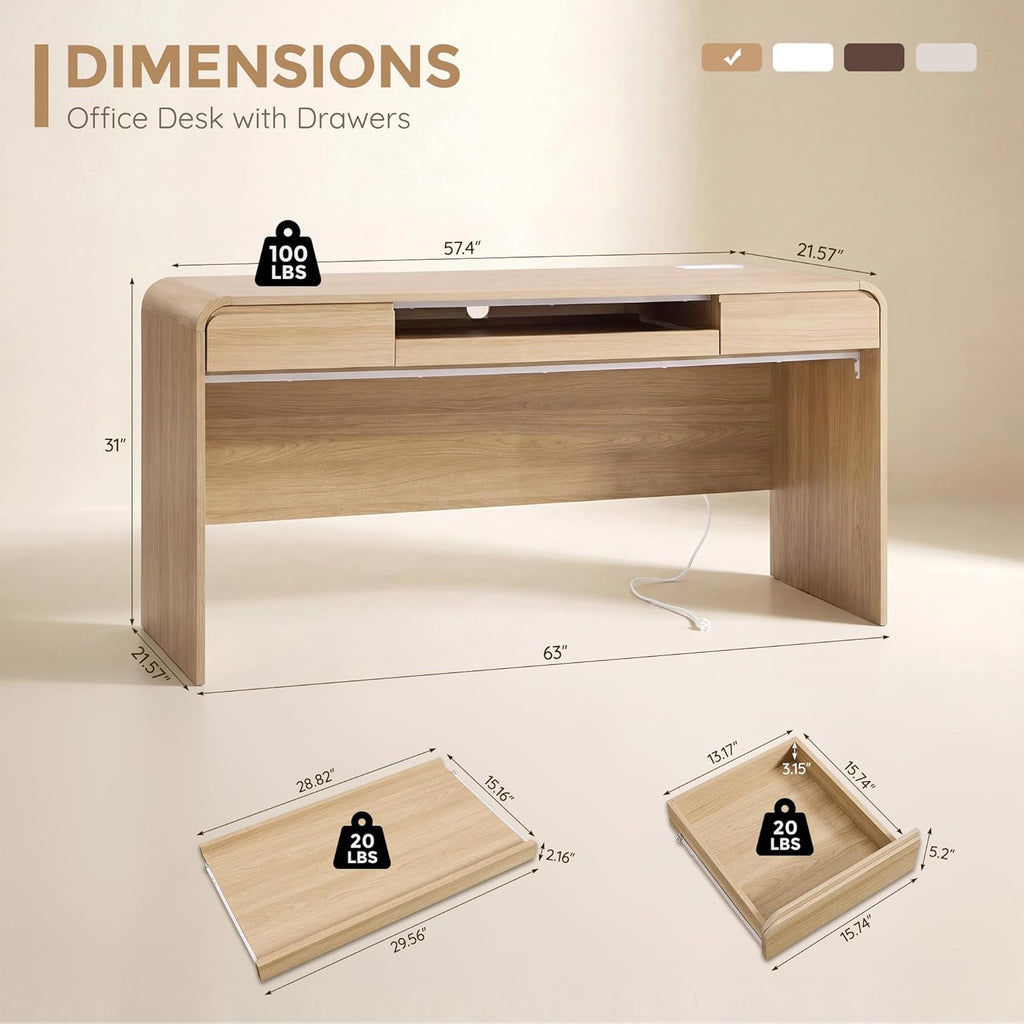 63" Modern Computer Desk with 2 Drawers, Wood Curved Executive Desk with Keyboard Tray & Power Outlet, Writing Desks with Storage for Home Office, Study Room, Living Room (Natural)