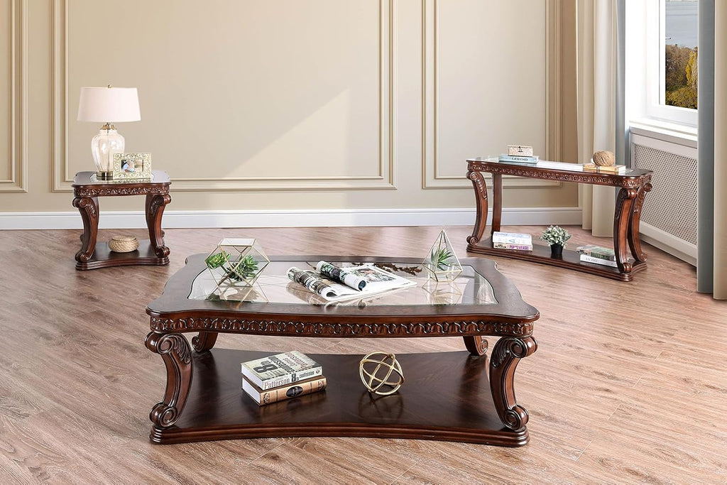 Style Coffee Table 5mm Tempered Glass Top Legs Carved Dark Oak End Table Not Included