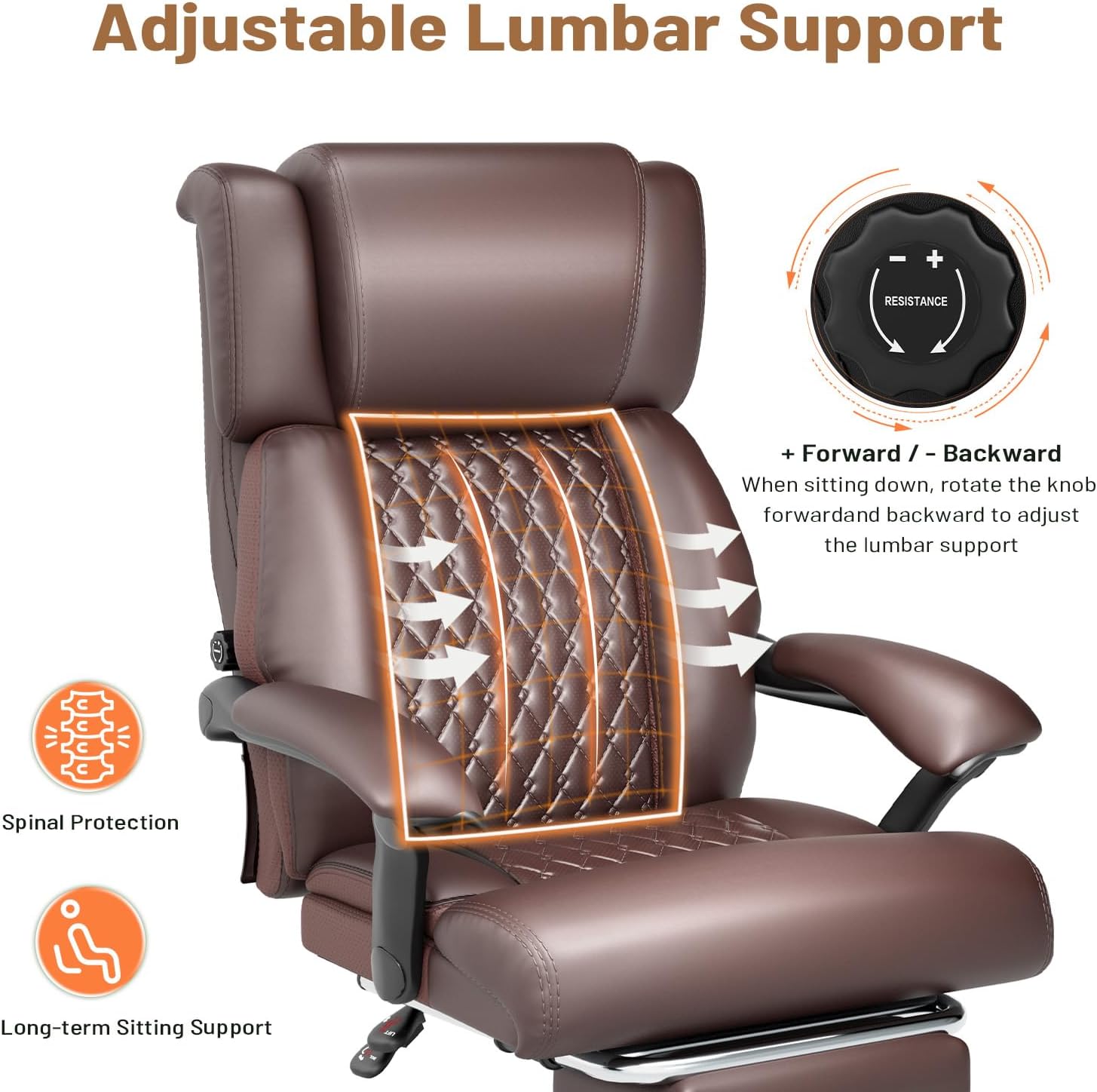 HOMREST 500lbs Big and Tall Office Chair, Ergonomic Heavy Duty Chair with Adjustable Lumbar Support & Backrest, Executive Leather Office Chair with Wide Armrests and Wheels (Brown)