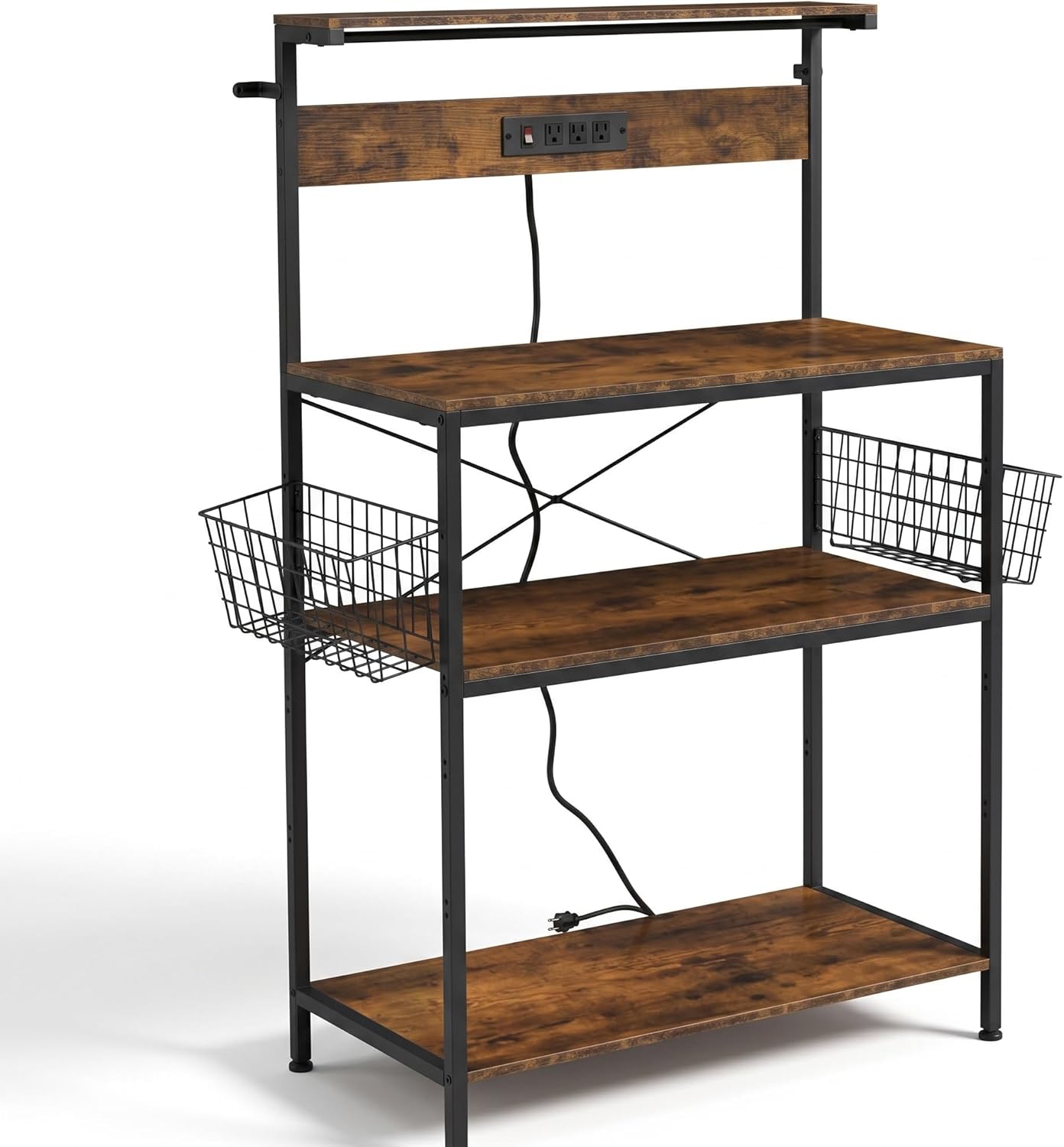 Antok Kitchen Baker's Rack with Power Outlets & USB Ports, 4-Tier Adjustable Microwave Stand, Industrial Kitchen Storage Shelf with Side Wire Baskets