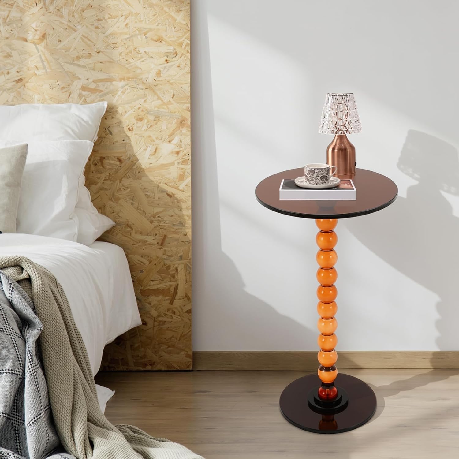 Acrylic End Table, Round Top with Solid Post, Outdoor Side Tables & Drink Tables, Small Space Accent Table for Living Room Bedroom Sofa, Easy Assembly, Brown