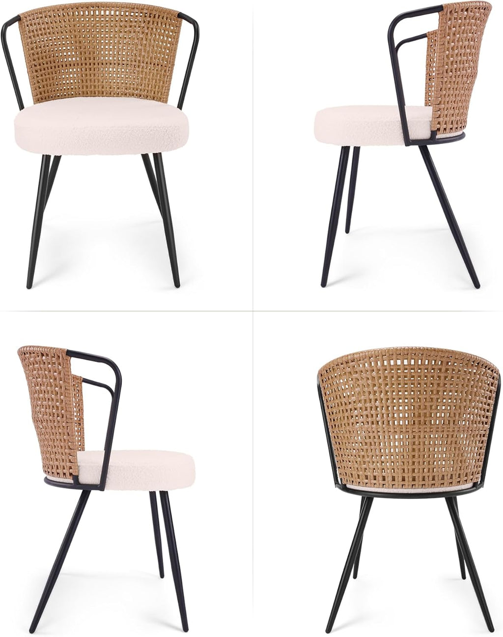 BedsPick Rattan Dining Chairs Set of 4 - Farmhouse Upholstered PE Rattan Kitchen Chair with Boucle Cushion, Wingback Dining Room Seat with Open-weave Cane Back and Metal Legs for Home, Kitchen (Brown)