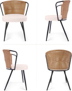BedsPick Rattan Dining Chairs Set of 4 - Farmhouse Upholstered PE Rattan Kitchen Chair with Boucle Cushion, Wingback Dining Room Seat with Open-weave Cane Back and Metal Legs for Home, Kitchen (Brown)