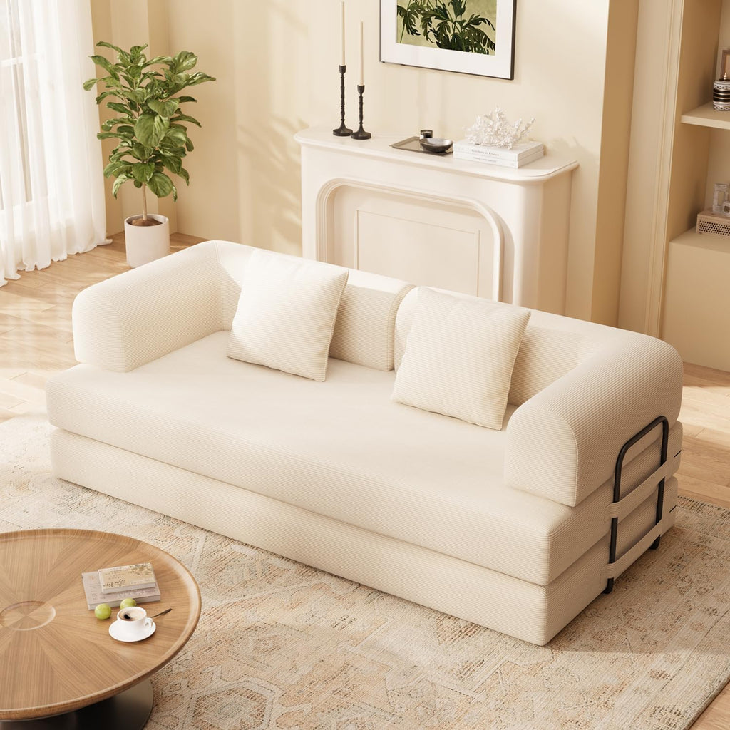 Ahomly 78.8'' Convertible Sofa Bed,5-in-1 Boneless Couch with Removable Armrests,Folding Futon Sofa Bed Includes 2 Pillows,Comfy Pull Out Couch for Living Room,No Assembly Required,Cream