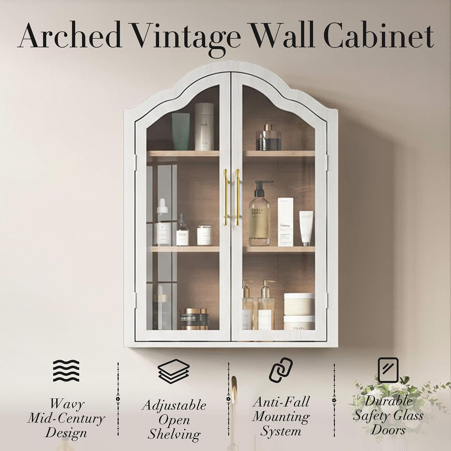FIMELLO 47.2’’W Wave Design Arched Wall Cabinet, Bathroom Cabinet with Glass Doors Adjustable Shelf, Above Toilet Cabinet, Kitchen Wall Cabinet, Wall Bookshelf, White Grain