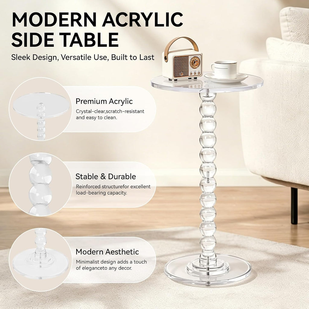 Acrylic Side Table, Clear Round End Table, Pedestal Side Tables 11.8" X 21.7", Modern Nightstand for Living Room Bedroom Balcony Decor, Easy Assembly for Small Spaces Transparent