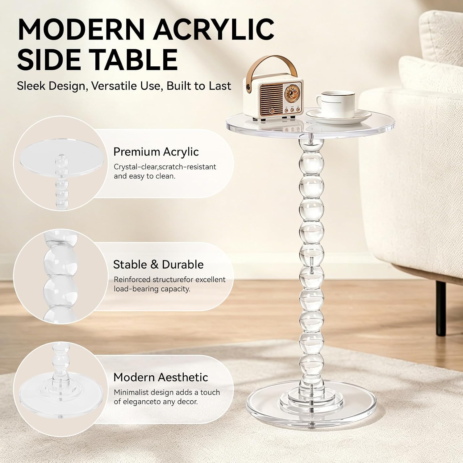 Acrylic Side Table, Clear Round End Table, Pedestal Side Tables 11.8" X 21.7", Modern Nightstand for Living Room Bedroom Balcony Decor, Easy Assembly for Small Spaces Transparent