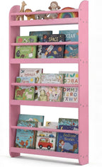 HONEY JOY Kids Bookshelf, Wall Mounted Shelf with Basswood Crossbar & Raised Edge, 4-Tier Bookshelf Organizer for Toys and Books, Space-Saving Wall Book Rack for Bedroom, Living Room, Nursery (Pink)