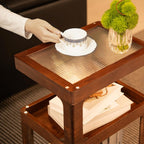 Solid Wood End Table, 3-Tier Small Side Table with Fluted Acrylic Top, Rectangular Geometric Retro Accent Table with Open Storage for Small Spaces, Living Room, Bedroom, 100% Pine, Brown