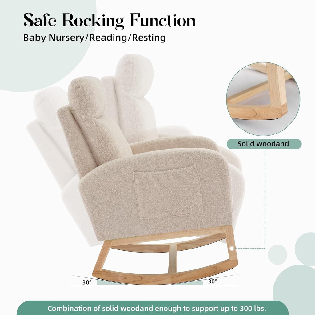Modern Nursery Chair,Rocking Chair with High Backrest Armchair,Teddy Upholstered Glider Recliner Accent Reading Chairs Padded Seat for Living Room,Bedroom,Beige