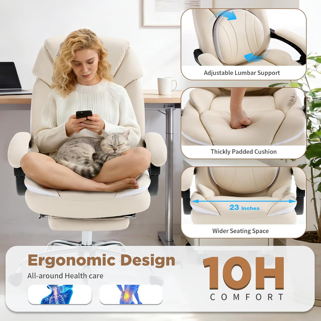 Comfortable Office Desk Chair with Foot Leg Rest, PU Leather Ergonomic Reclining Office Chair with Footrest Back Lumbar Support, Beige