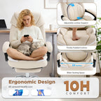 Comfortable Office Desk Chair with Foot Leg Rest, PU Leather Ergonomic Reclining Office Chair with Footrest Back Lumbar Support, Beige