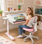 COSVALVE Premium Kids Study Desk and Chair Set,Adjustable Girls School Writing Study Table,Ergonomic Desk Chair with Large Writing Board Pull Out Drawer Bookstand Pink