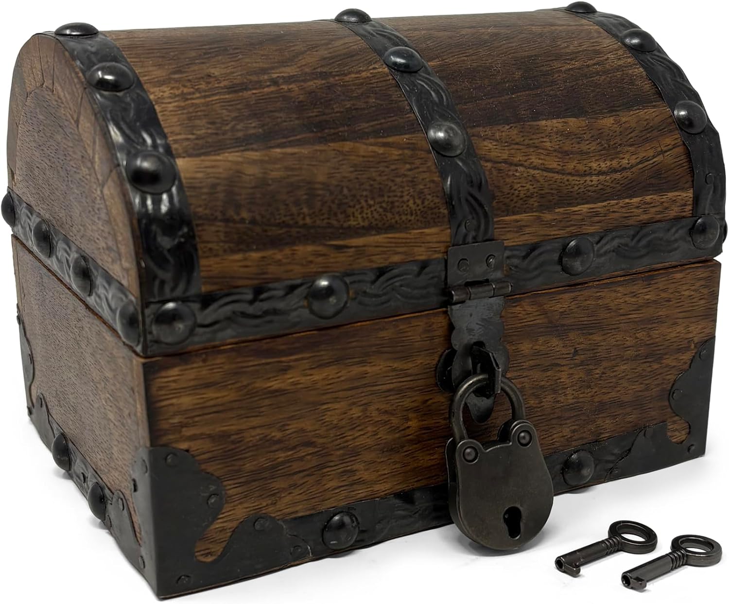Nautical Cove Wood Treasure Chest with Decorative Rivets and Reinforcing Iron Strips with Lock and Skeleton Keys (Dark Antique, X-Small 5.5x4x4) – Wooden Keepsake Box, Pirate Decor, Storage Chest