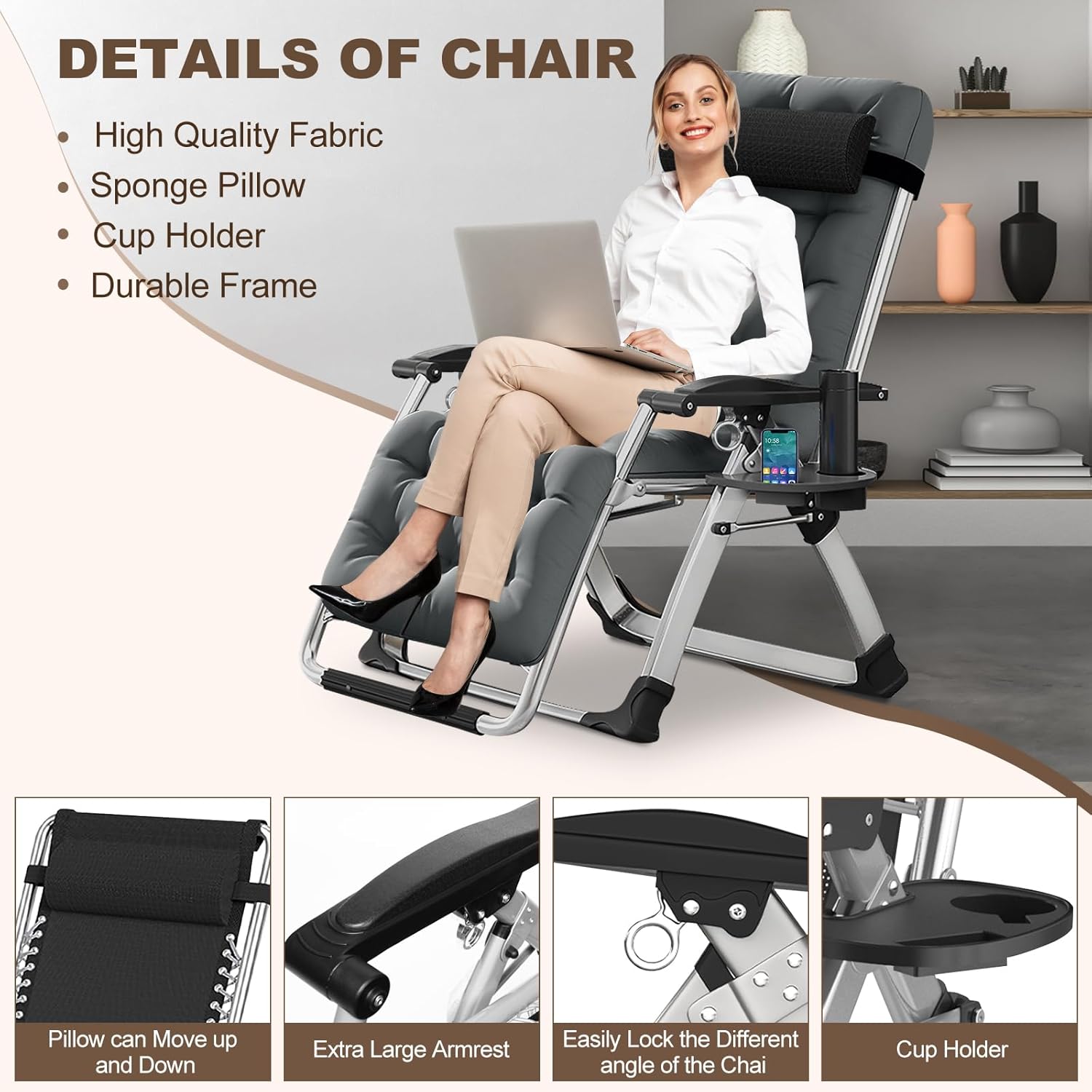 DoCred Comfy Chair, Folding Chair Recliner Chair for Bedroom and Living Room, Folding Reclining Patio Chairs Lounge Chair with Removable Cushion for Indoor Outdoor