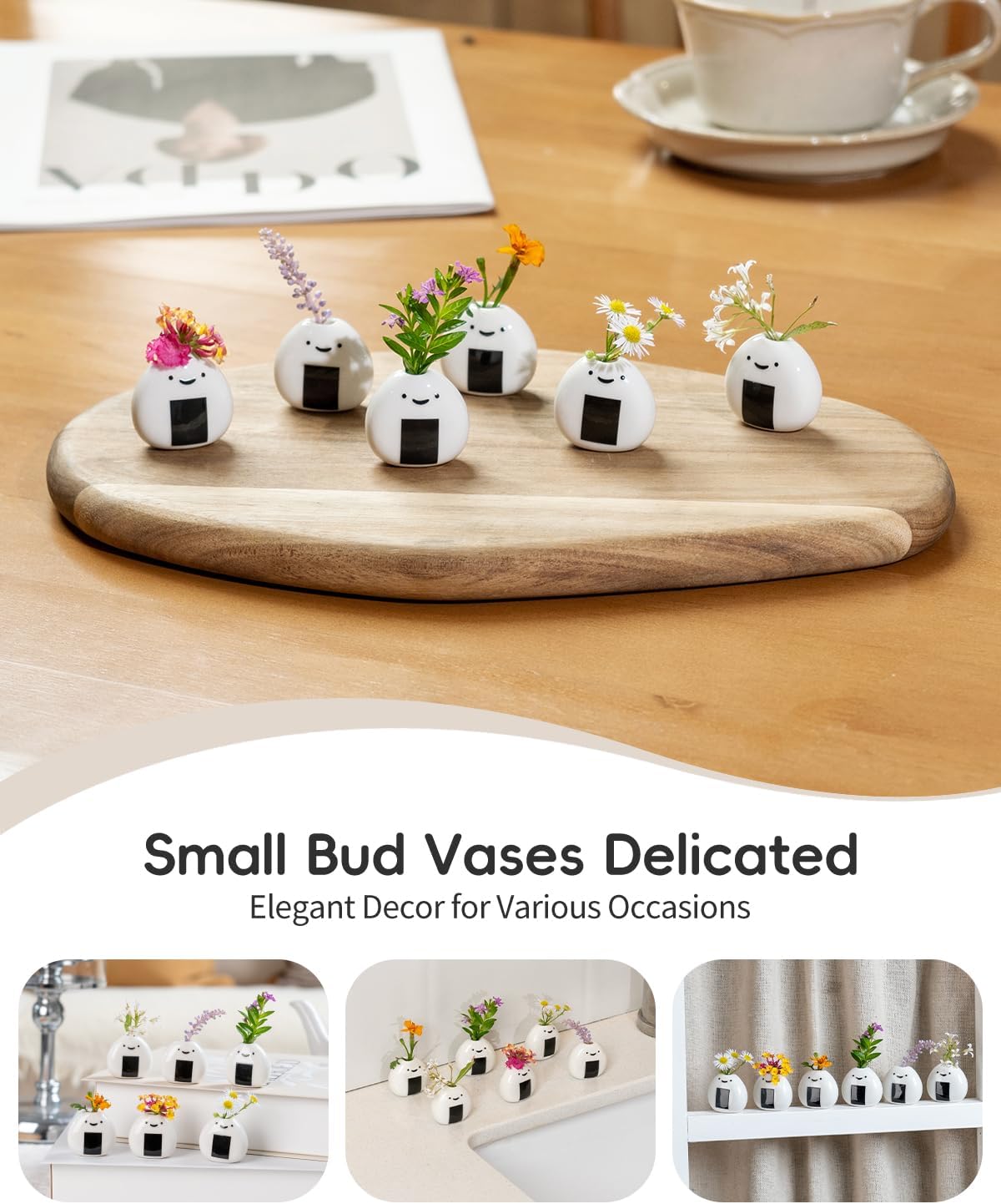 6 PCS Cute Handmade Ceramic Mini Vases - Japanese Onigiri Rice Ball Design for Dried Flowers and Small Stems, Adorable Mini Table Decor, Unique Japanese Craft Gift
