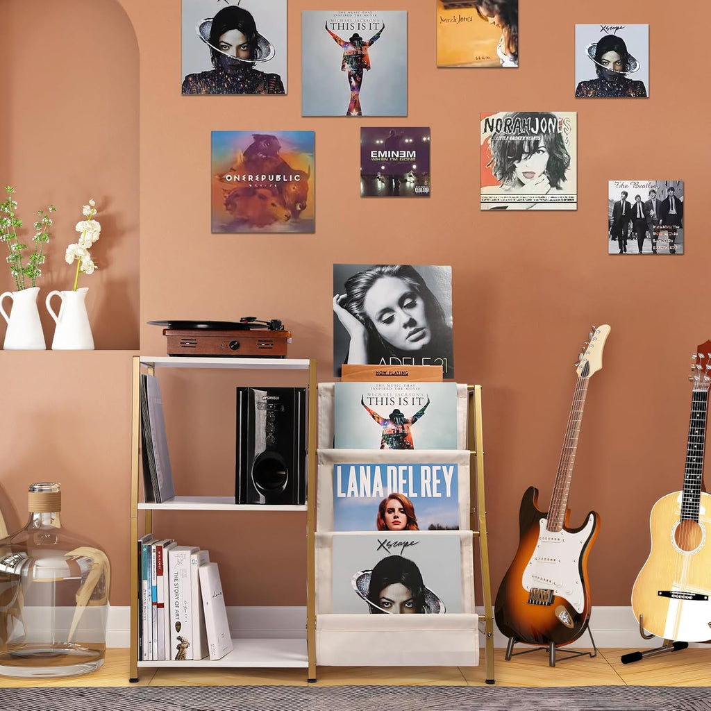 HYCFYJR Stand for Record Player, 3 Tier Vinyl Record Storage with Now Playing Holder, Turntable Stand, Vinyl Display with Speaker Storage for Living Room, Gold White