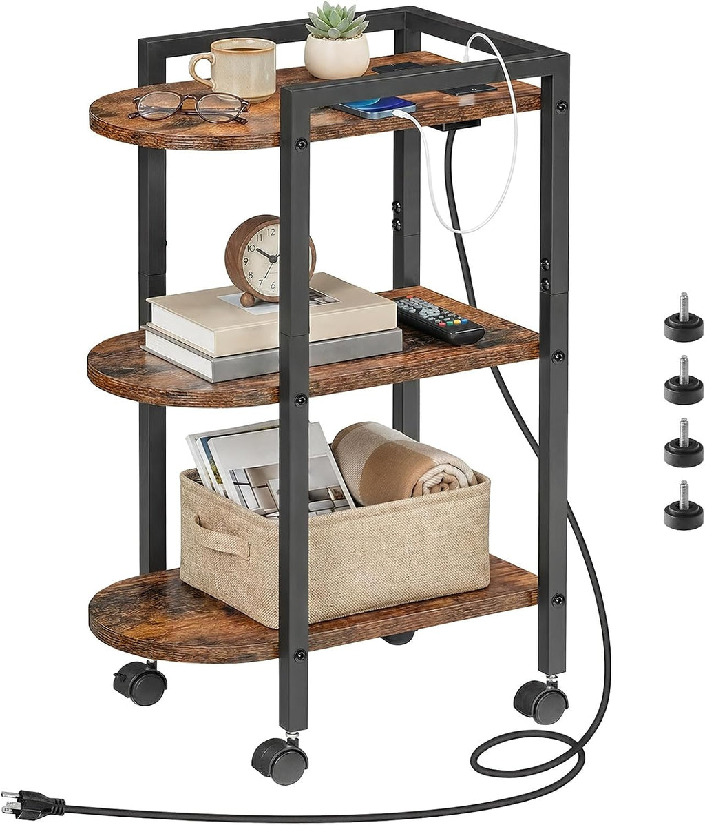 HOOBRO End Table, Rolling Narrow Side Table with Charging Station, with Adjustable Feet and Wheels, Narrow Slim Beside Table for Small Spaces, Living Room, Rustic Brown and Black BF365UBZ01