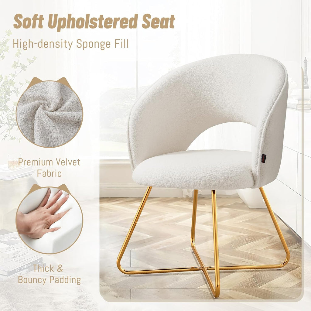 Furniliving Modern Accent Chair Velvet Comfy Lounge Chairs for Bedroom, Upholstered Barrel Vanity Chair with Back, Mid Century Makeup Chair with Gold Leg (Hollow-Backrest, White)