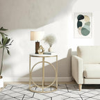 LITTLE TREE 20” Round End Table，Modern Sofa Side Table with Gold O-Shaped Base, Faux Marble White Cocktail Table Accent Table Nightstand for Living Room Bedroom