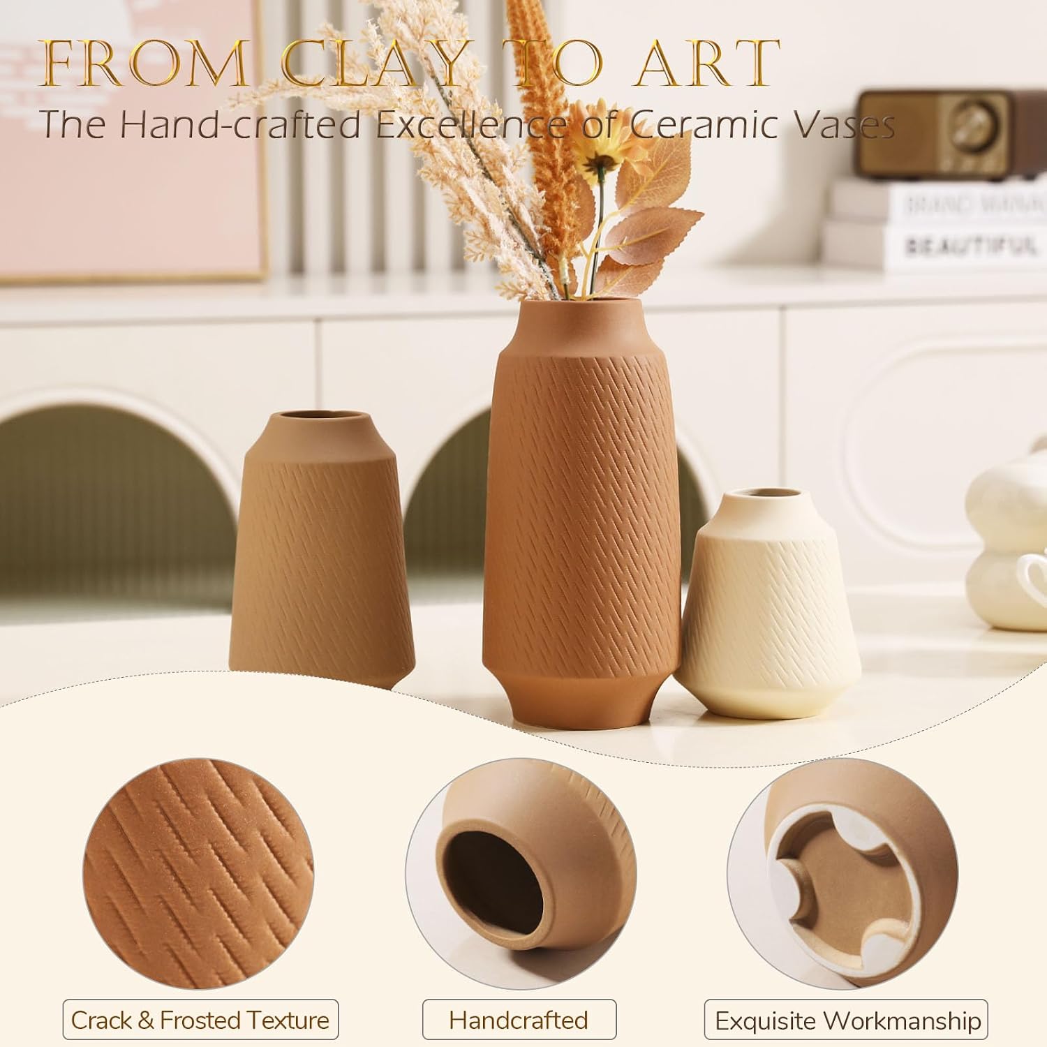 Joeabor Ceramic Vase Set of 3 - Handcrafted Ceramic Vases for Home Decor & Shelf - Modern Farmhouse Decor for Kitchen, Office, Bedroom & Living Room Decorative Objects for Mantel, Table Centerpieces