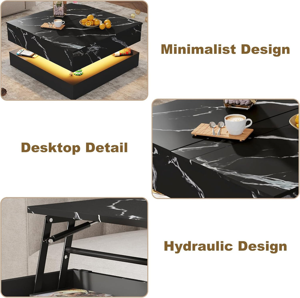 35.4" Large Square Coffee Table with Lifting top,Charging Station,Modern 2-Tier Square Center Table w/Hidden Compartment Storage,Tea Table with Wood Grain for Living Room, Office,Black Marble